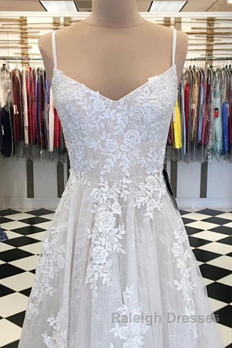 A Line V Neck Lace Appliques White Prom Dresses Wedding Dresses White Lace Prom Dresses White Prom Dresses