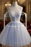 A Line V Neck Lace Blue Short Prom Dresses, Blue Puffy Homecoming Dresses