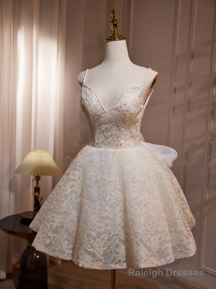 A-Line V Neck Lace Champagne Short Prom Dresses Champagne Homecoming Dresses Secondary image