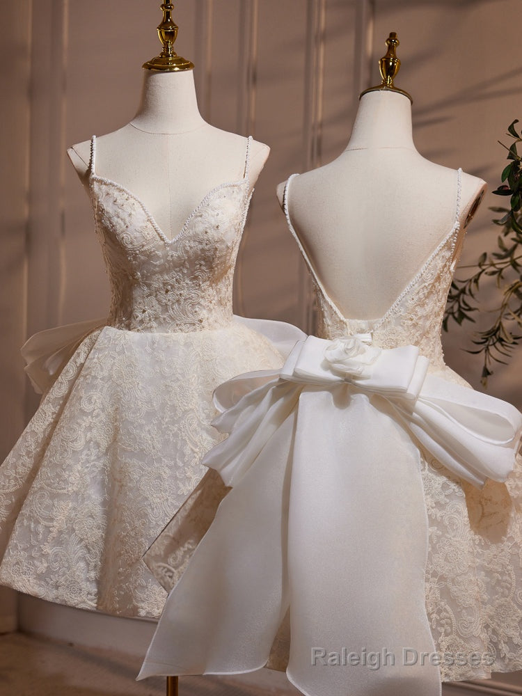 A-Line V Neck Lace Champagne Short Prom Dresses Champagne Homecoming Dresses