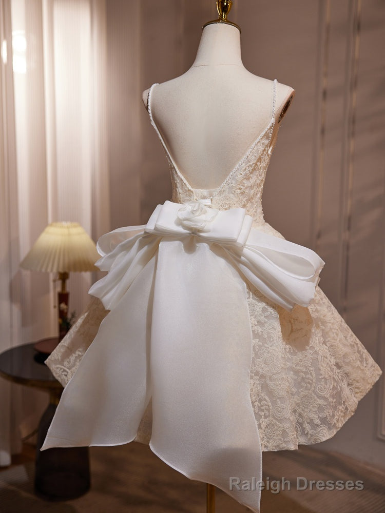 A-Line V Neck Lace Champagne Short Prom Dresses Champagne Homecoming Dresses