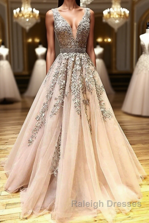 A Line V Neck Lace Champagne Tulle Long Prom Dress, V Neck Lace Champagne Formal Dress, Champagne Lace Evening Dress