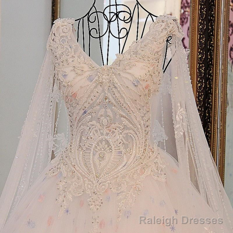 A-Line V Neck Lace Crystal Beaded White/ Light Blue Wedding Dress Floor Length Main image