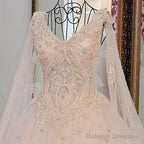 A-Line V Neck Lace Crystal Beaded White/ Light Blue Wedding Dress Floor Length