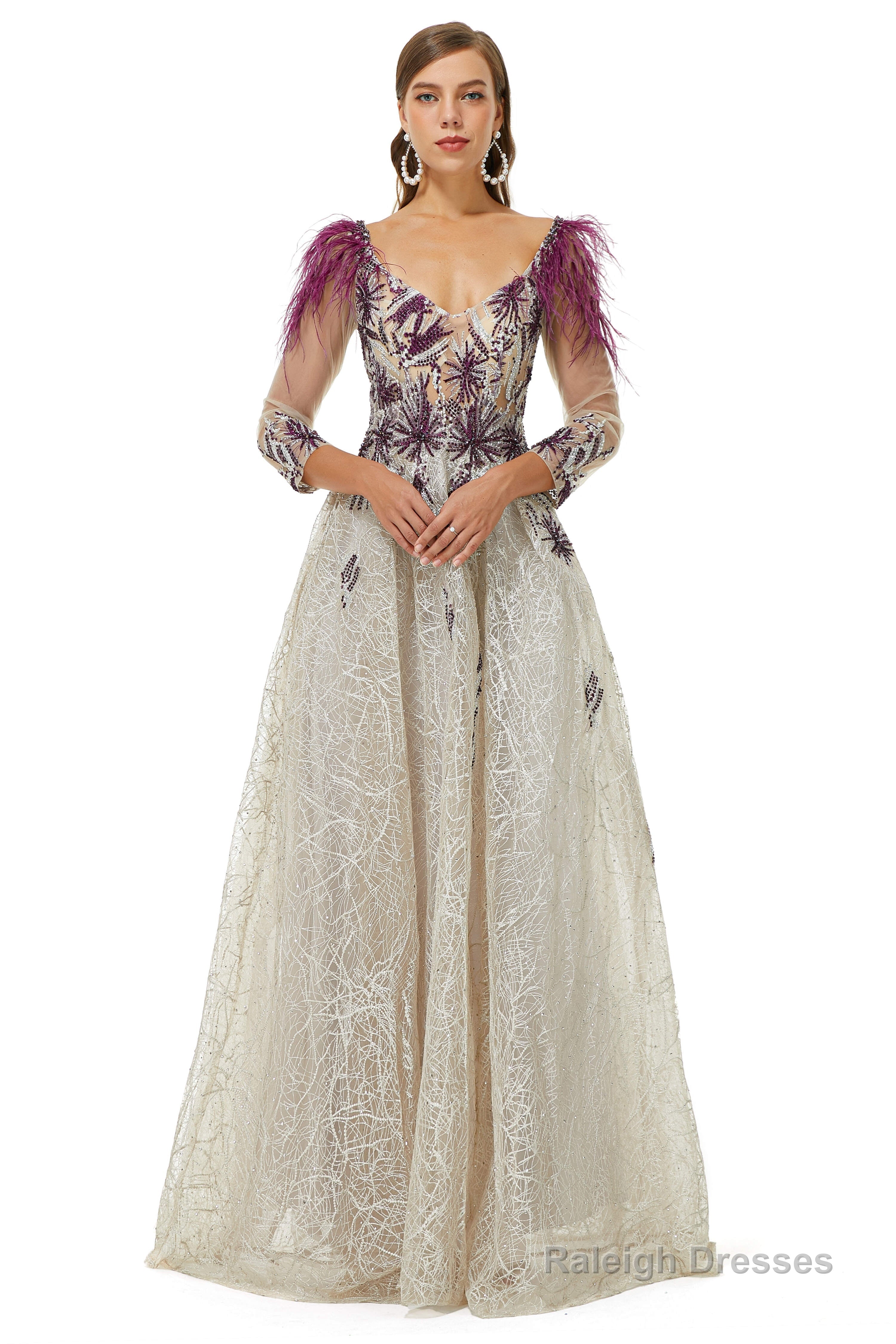 A-Line V-Neck Lace Floor-Length Long Sleeve Open Back Beading Prom Dresses Main image