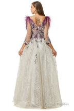 A-Line V-Neck Lace Floor-Length Long Sleeve Open Back Beading Prom Dresses