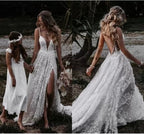 A-Line V Neck Lace Prom Dresses With Split