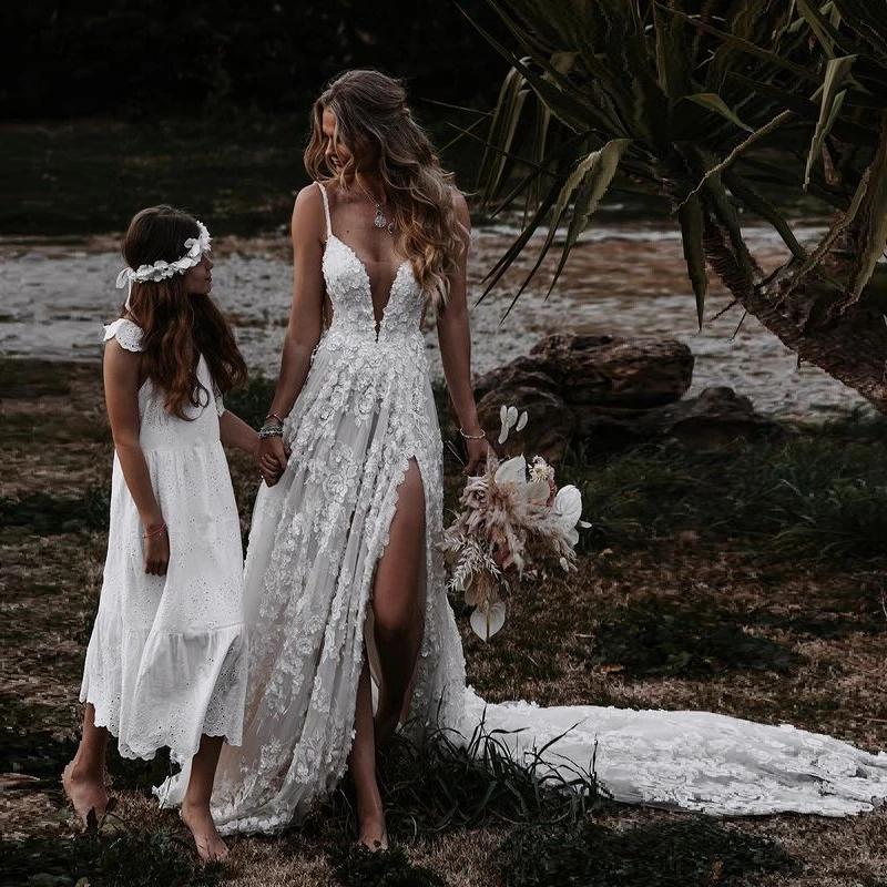 A-Line V Neck Lace Prom Dresses With Split