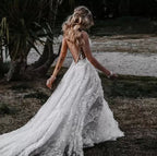 A-Line V Neck Lace Prom Dresses With Split