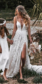 A-Line V Neck Lace Prom Dresses With Split