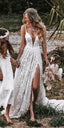 A-Line V Neck Lace Prom Dresses With Split