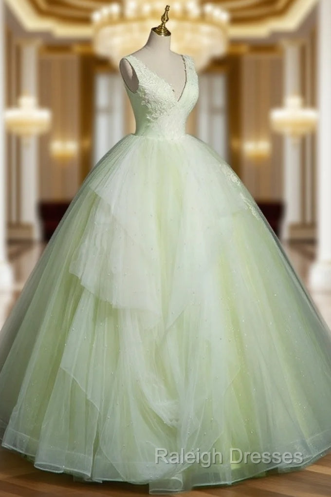 A-Line V Neck Lace Tulle Green Long Prom Dress, Green Sweet 16 Dress Main image