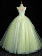 A Line V Neck Lace Tulle Green Long Prom Dresses Green Sweet 16 Dresses