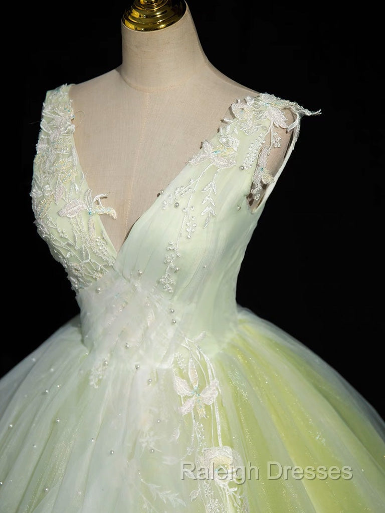 A Line V Neck Lace Tulle Green Long Prom Dresses Green Sweet 16 Dresses