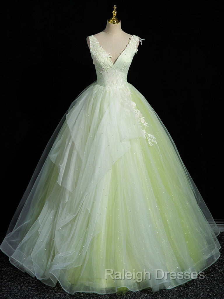 A-Line V Neck Lace Tulle Green Long Prom Dress, Green Sweet 16 Dress Secondary image