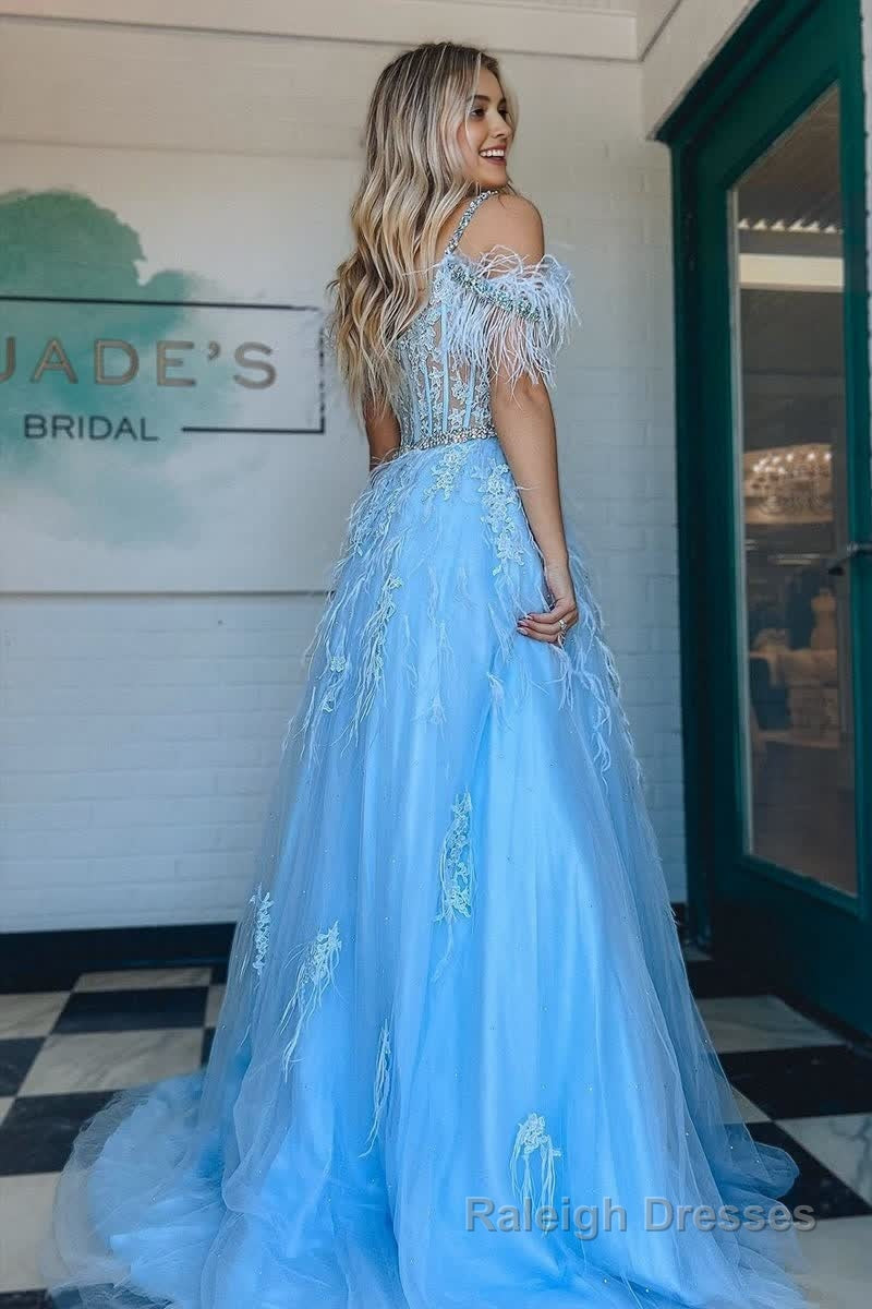 A line V Neck Lace Tulle Prom Dress with Beading and Feather Secondary image