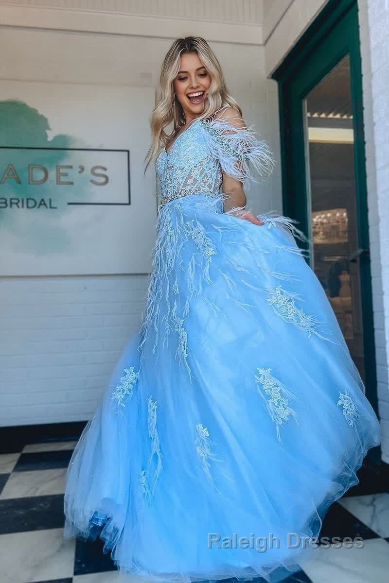 A line V Neck Lace Tulle Prom Dress with Beading and Feather Main image