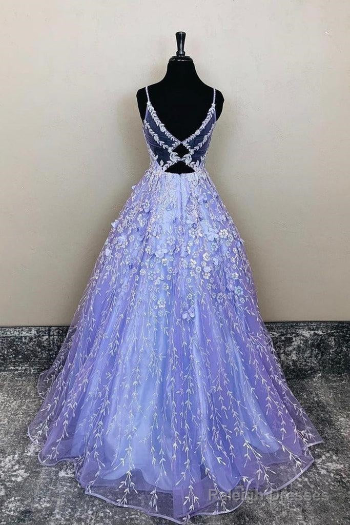 A-Line V-Neck Lavender Lace Floral Long Prom Formal Dress