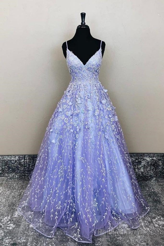 A-Line V-Neck Lavender Lace Floral Long Prom Formal Dress Main image