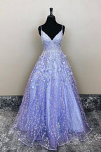 A-Line V-Neck Lavender Lace Floral Long Prom Formal Dress