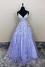 A-Line V-Neck Lavender Lace Floral Long Prom Formal Dress