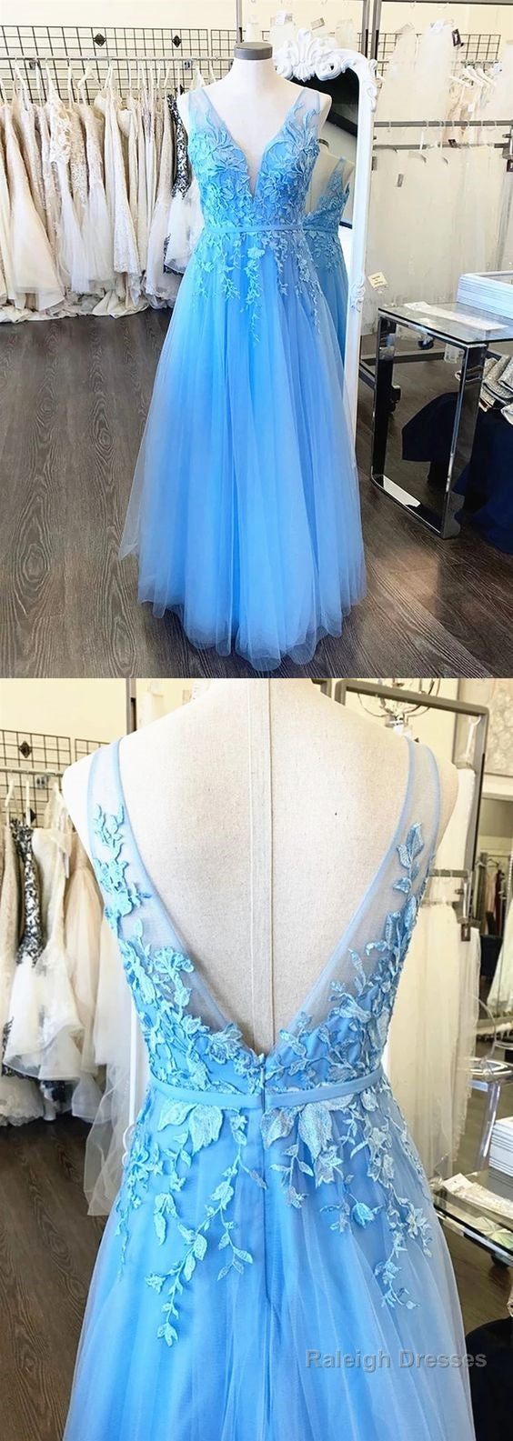 A Line V Neck Light Blue Lace Prom Dresses, V Neck Sky Blue Lace Formal Evening Dresses