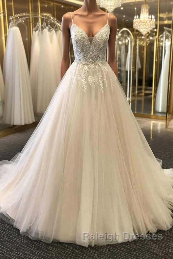 A Line V Neck Light Champagne Lace Prom Dresses, Light Champagne Lace Wedding Formal Dresses Main image