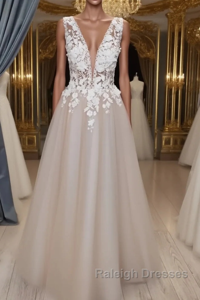 A Line V Neck Long Champagne Lace Wedding Dresses, Champagne Lace Long Formal Prom Dresses Main image