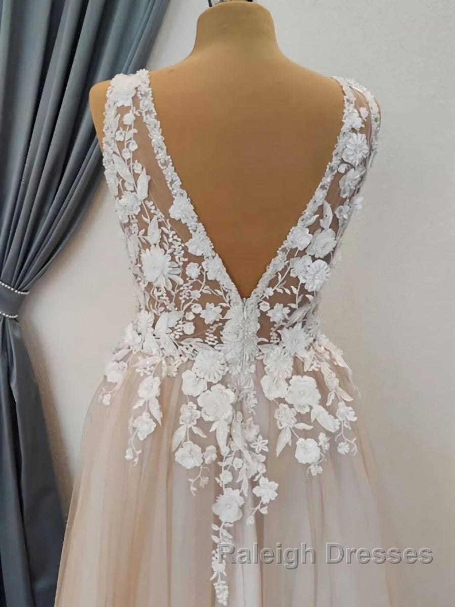 A Line V Neck Long Champagne Lace Wedding Dress Champagne Lace Long Prom Dress