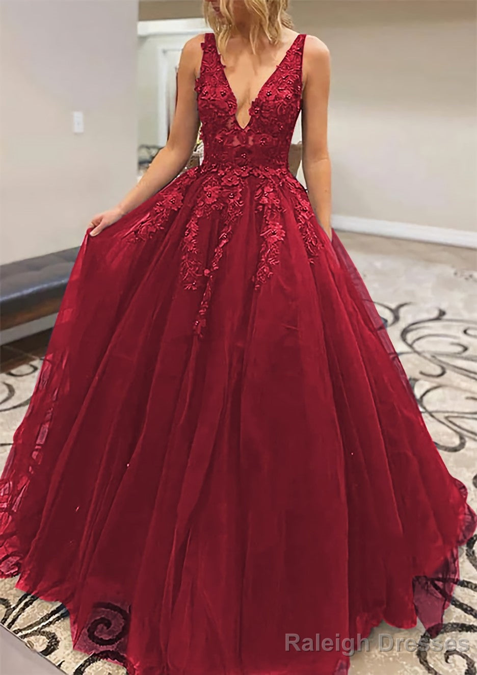 A Line V Neck Long Dress Floor Length Lace Tulle Prom Dress With Appliqued
