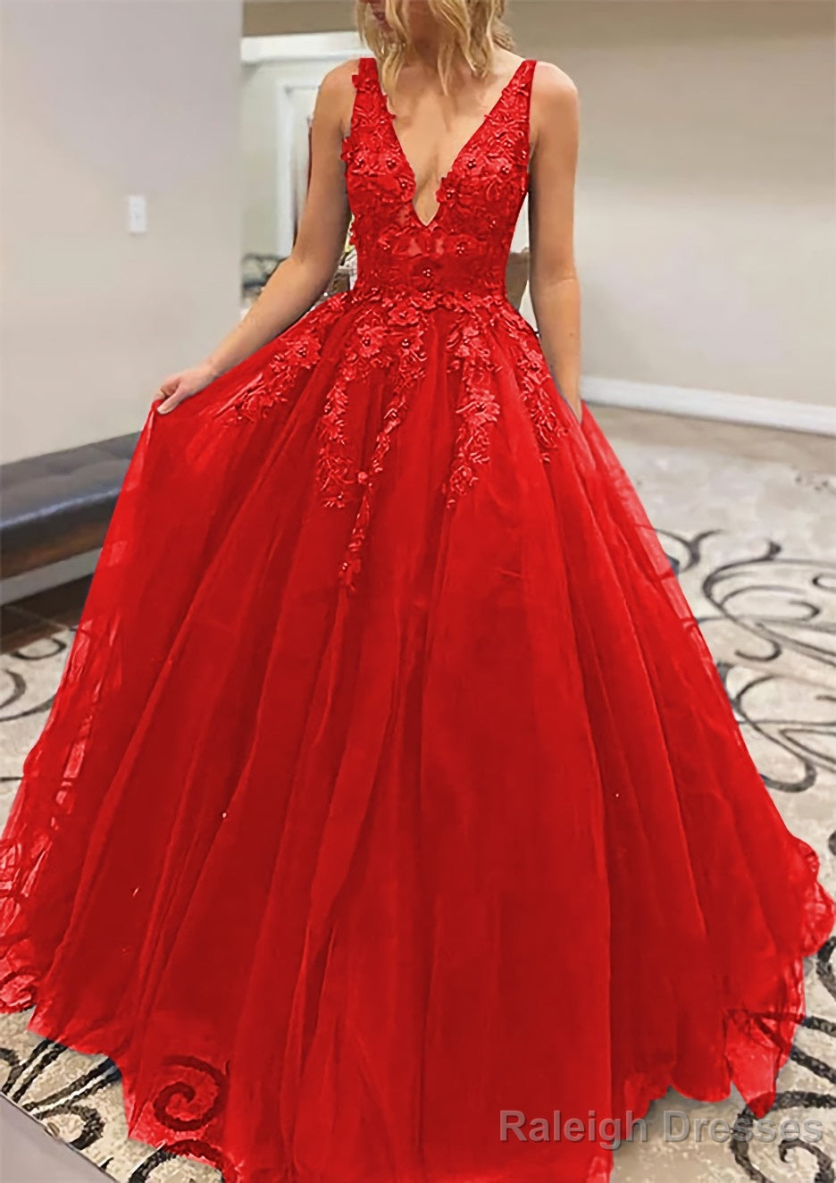 A Line V Neck Long Dress Floor Length Lace Tulle Prom Dress With Appliqued