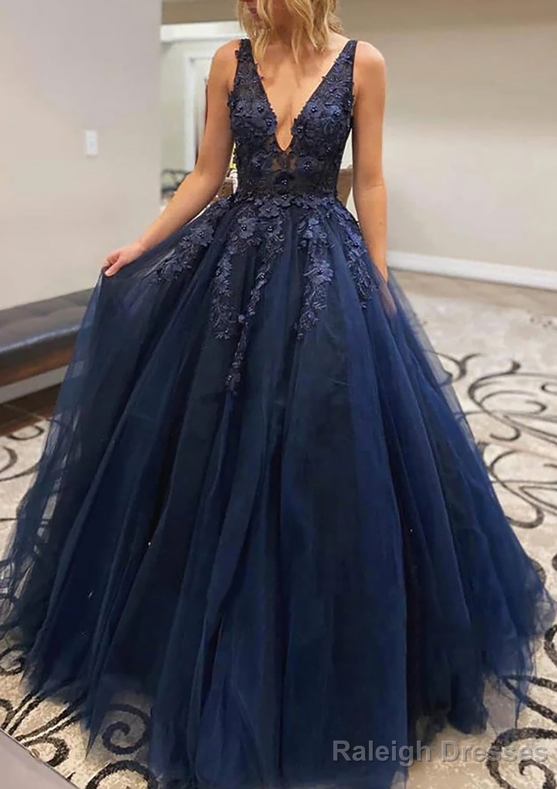 A Line V Neck Long Dress Floor Length Lace Tulle Prom Dress With Appliqued