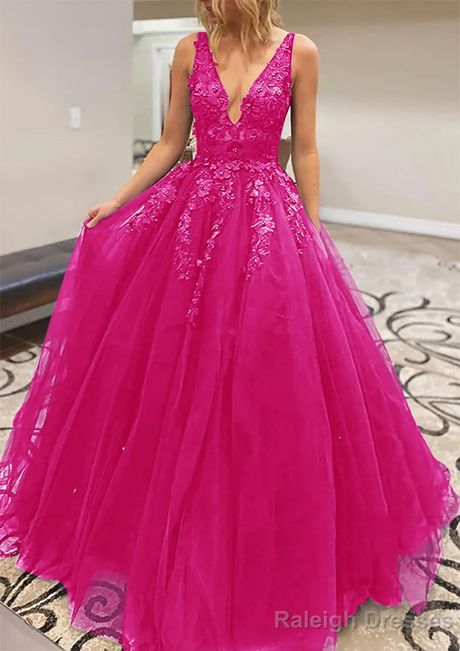 A Line V Neck Long Dress Floor Length Lace Tulle Prom Dress With Appliqued