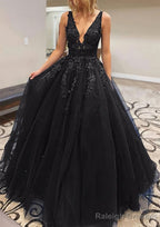 A Line V Neck Long Dress Floor Length Lace Tulle Prom Dress With Appliqued