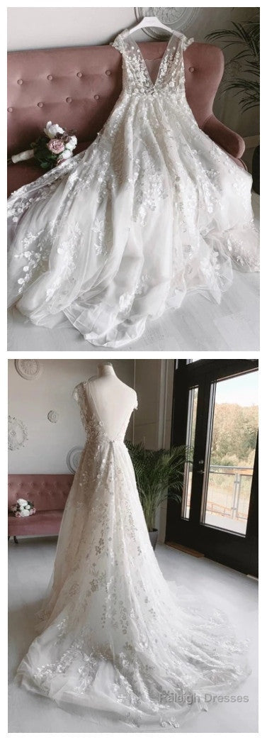 A-Line V-Neck Prom Dress Long With Appliques Backless Beach Wedding Dresses