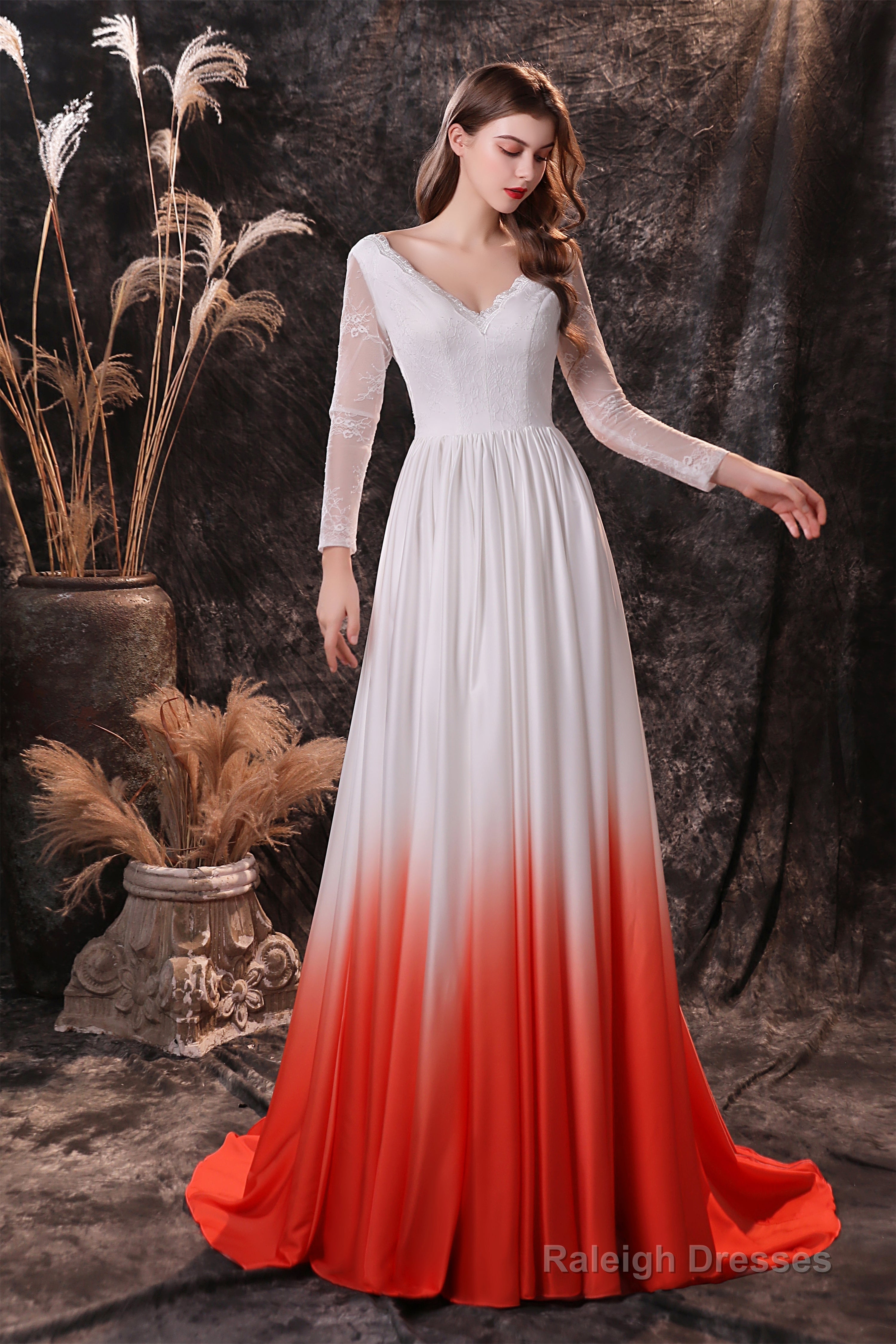 A Line V-Neck Long Sleeve Ombre Silk Like Satin Sweep Train Prom Dresses