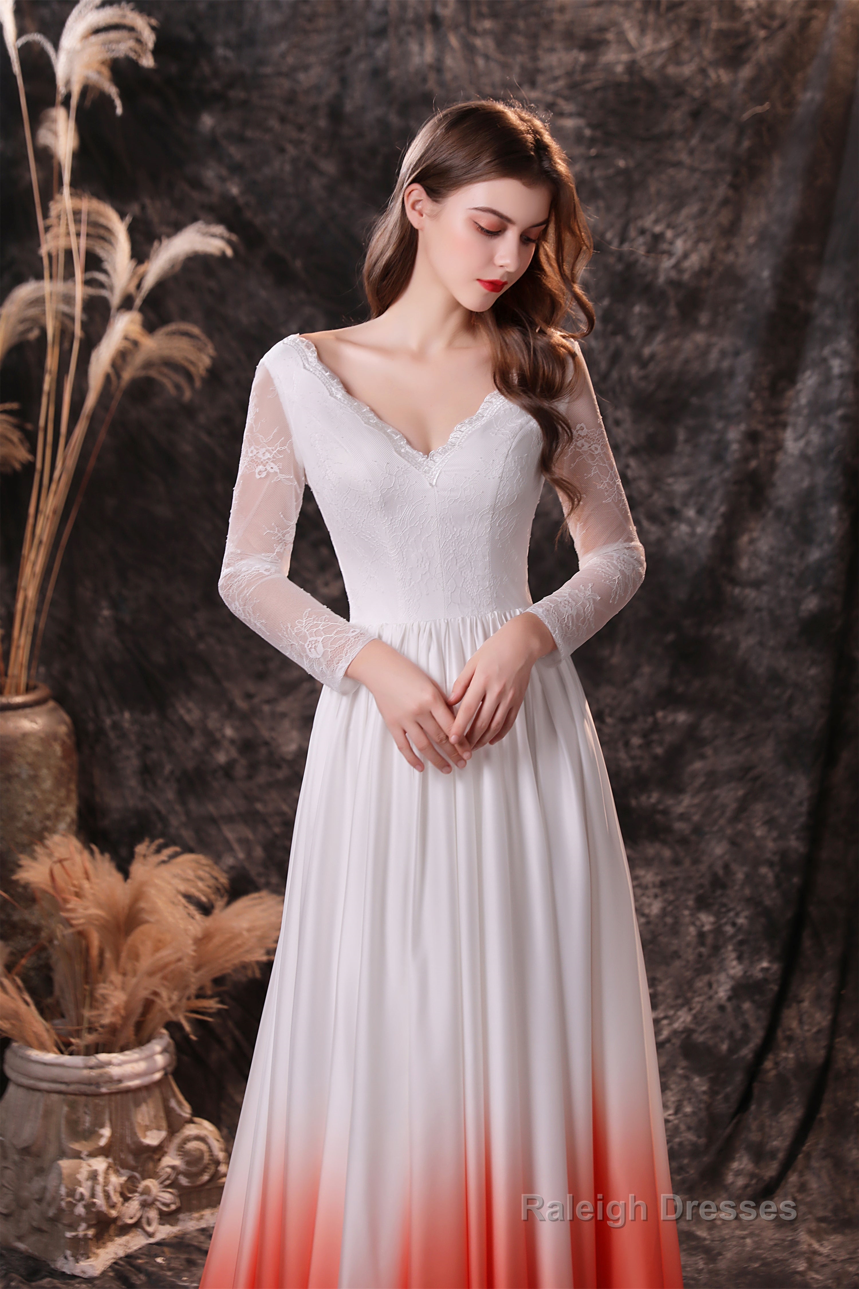 A Line V-Neck Long Sleeve Ombre Silk Like Satin Sweep Train Prom Dress