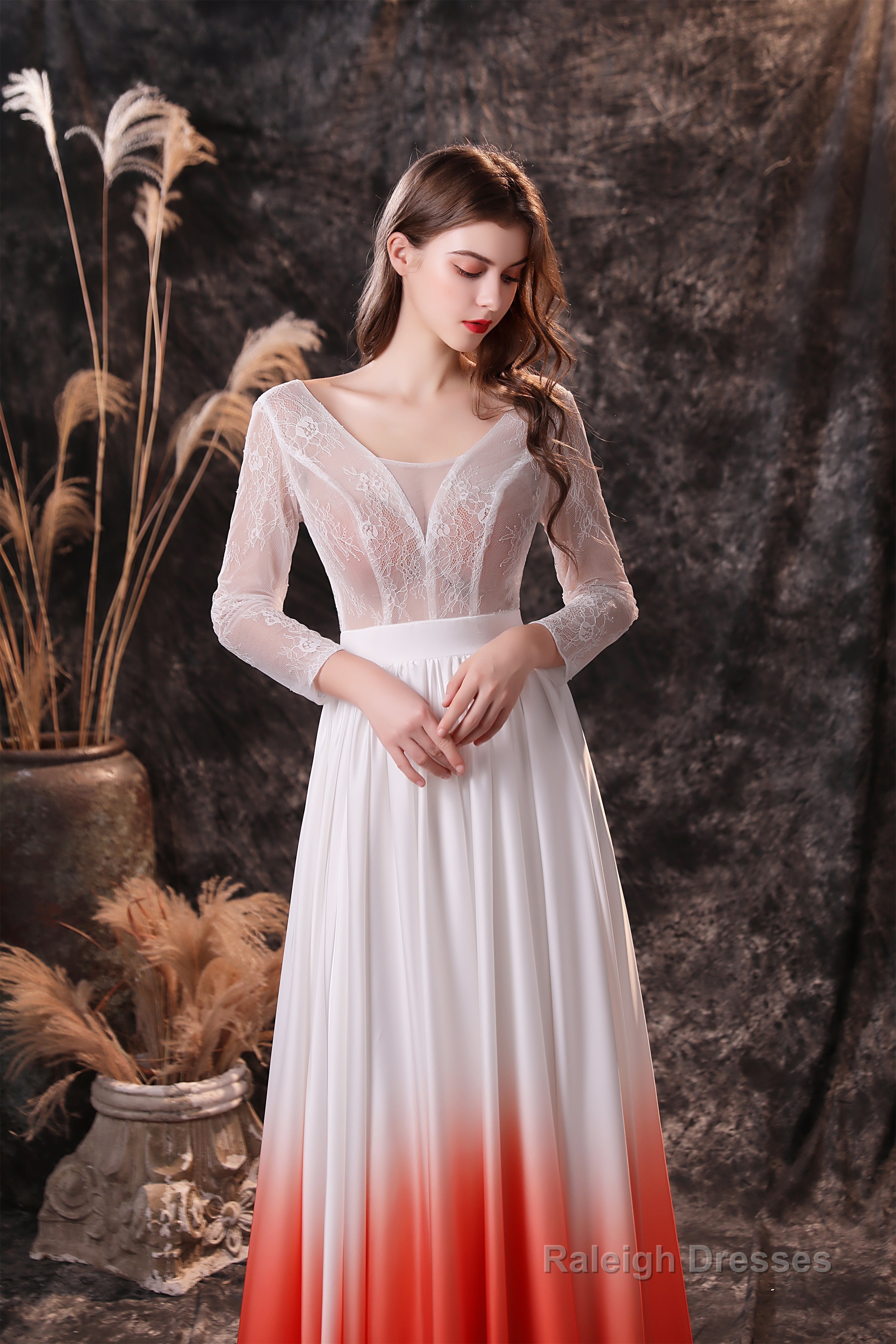 A Line V-Neck Long Sleeve Ombre Silk Like Satin Sweep Train Prom Dresses Secondary image