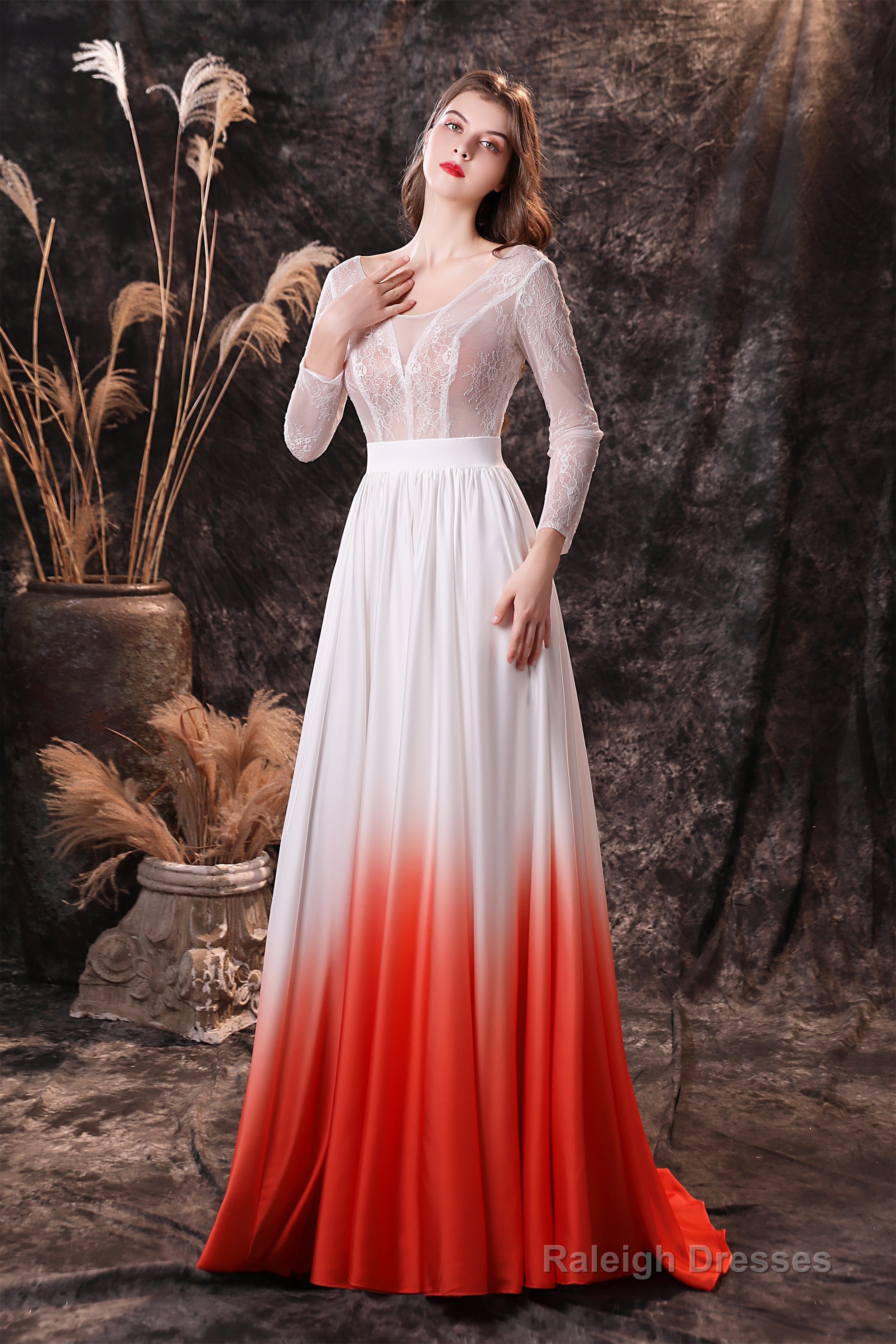 A Line V-Neck Long Sleeve Ombre Silk Like Satin Sweep Train Prom Dresses