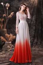 A Line V-Neck Long Sleeve Ombre Silk Like Satin Sweep Train Prom Dresses