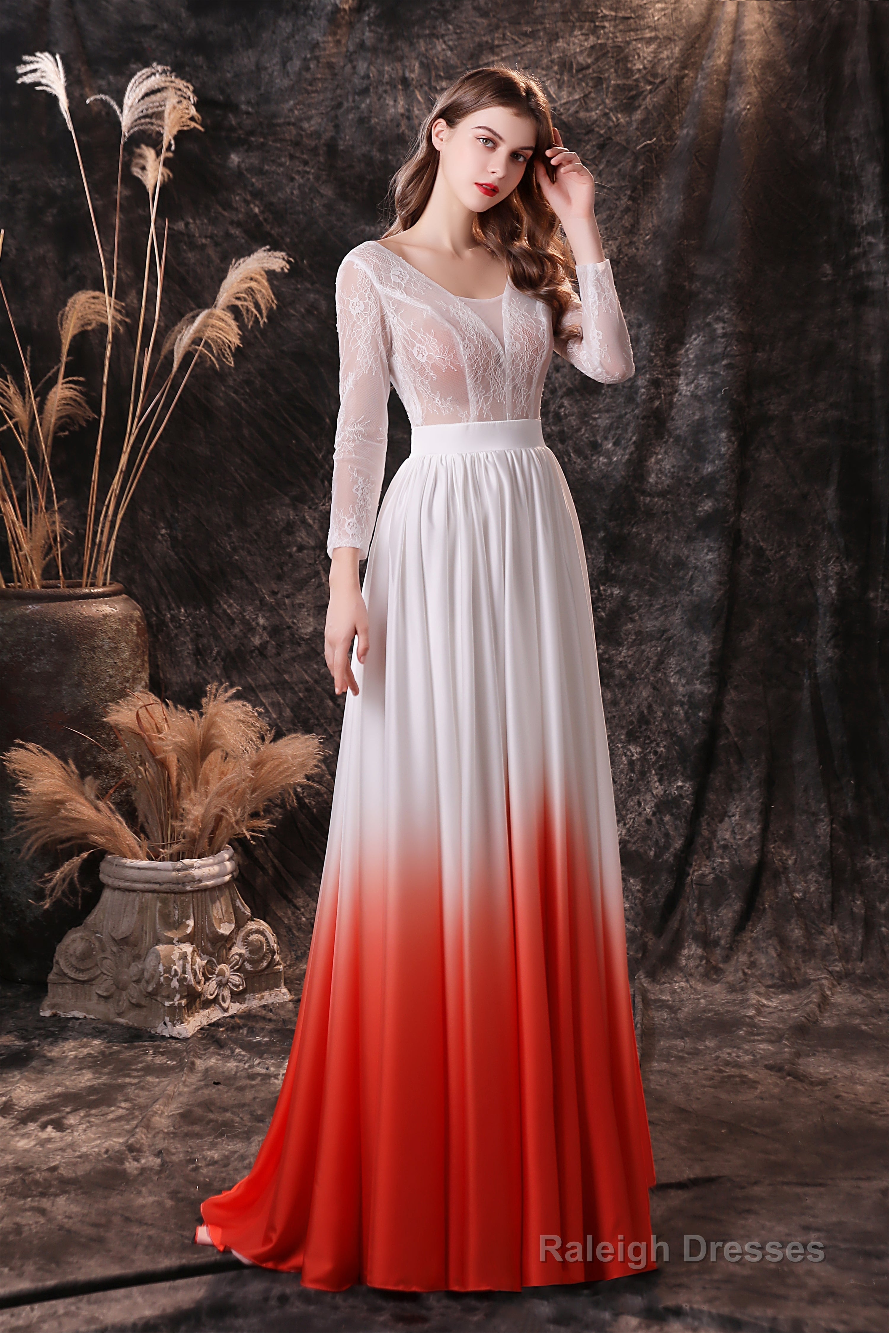 A Line V-Neck Long Sleeve Ombre Silk Like Satin Sweep Train Prom Dresses