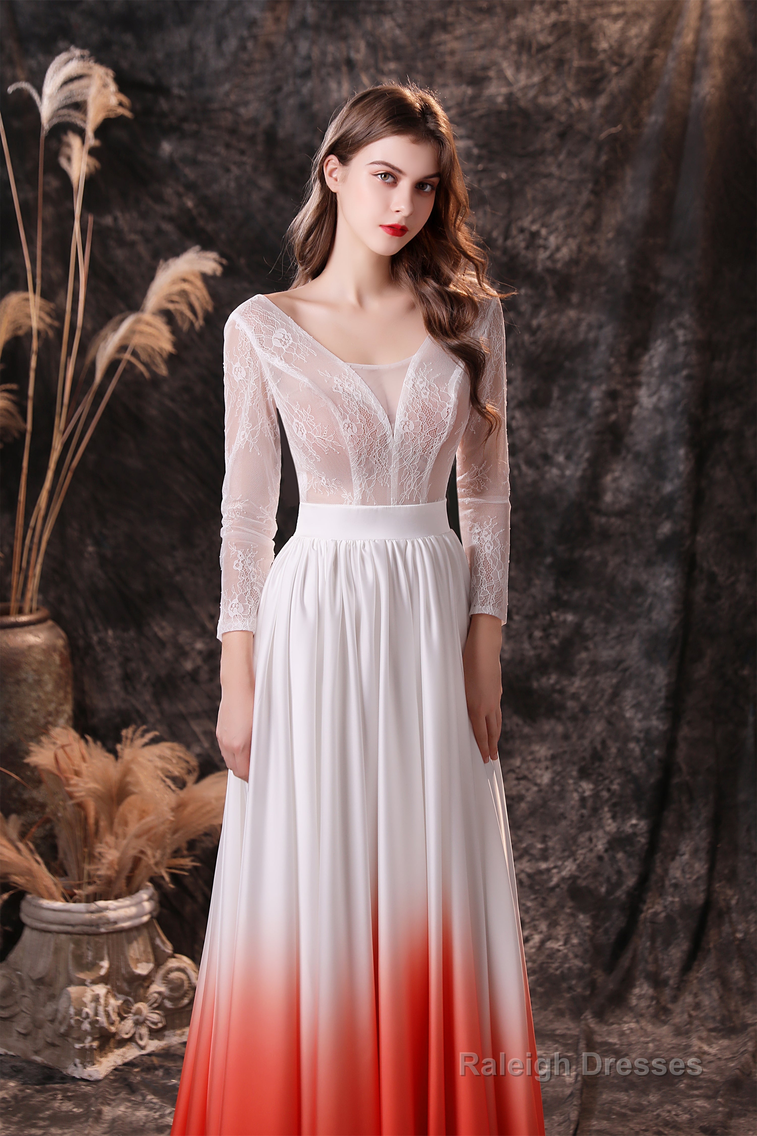 A Line V-Neck Long Sleeve Ombre Silk Like Satin Sweep Train Prom Dresses