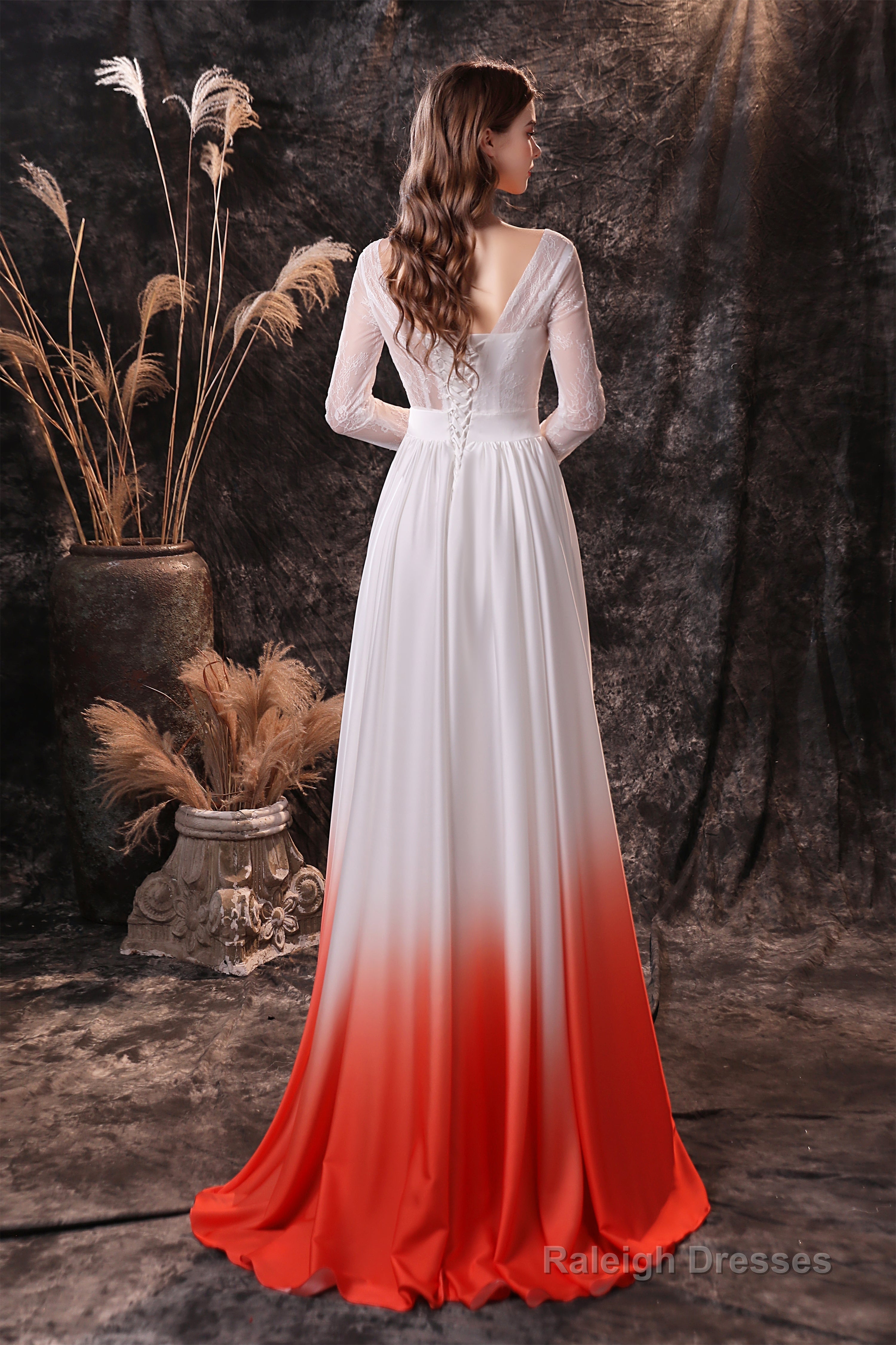 A Line V-Neck Long Sleeve Ombre Silk Like Satin Sweep Train Prom Dresses