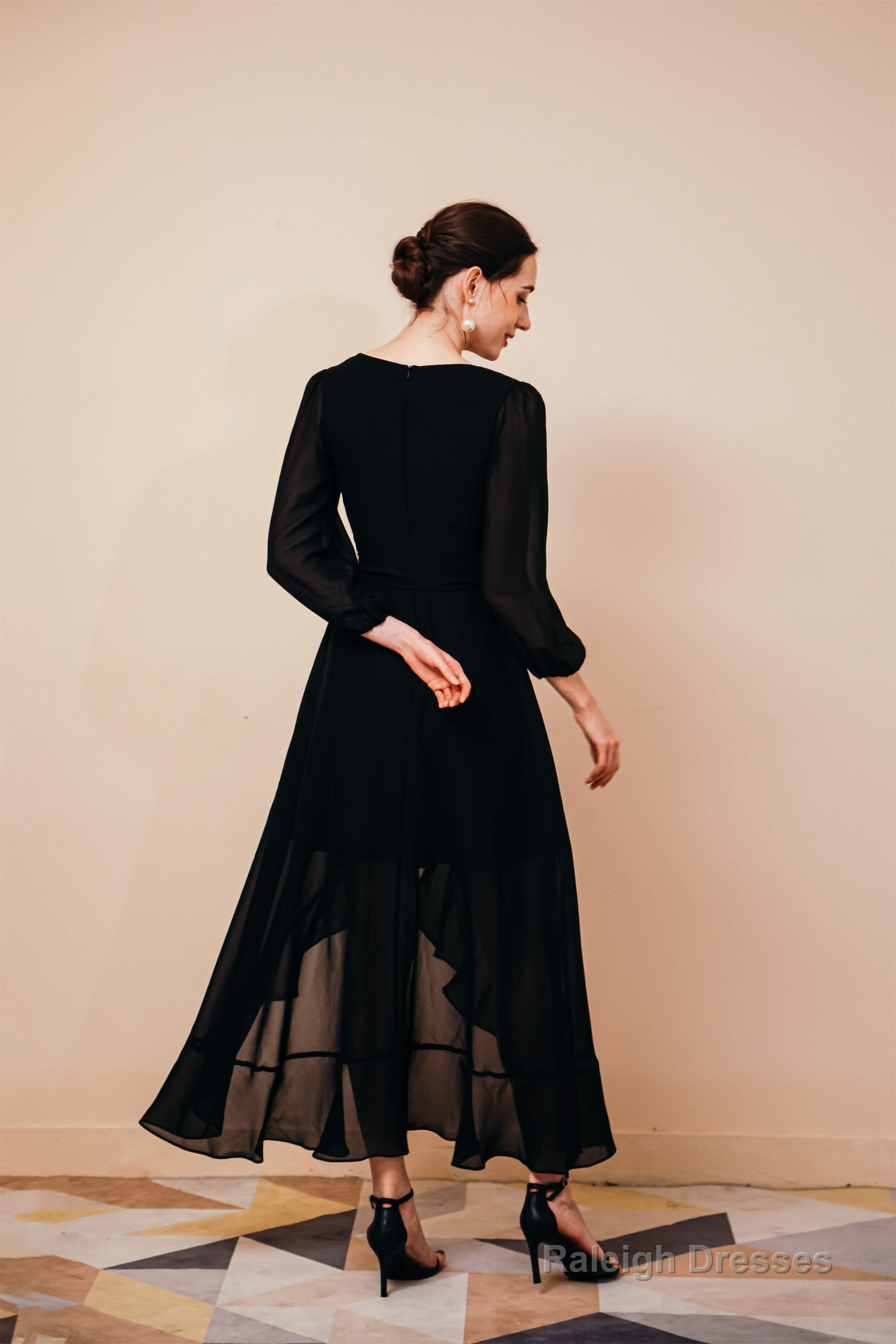 A-Line V-Neck Long Sleeves Chiffon High Low Sash Prom Dresses