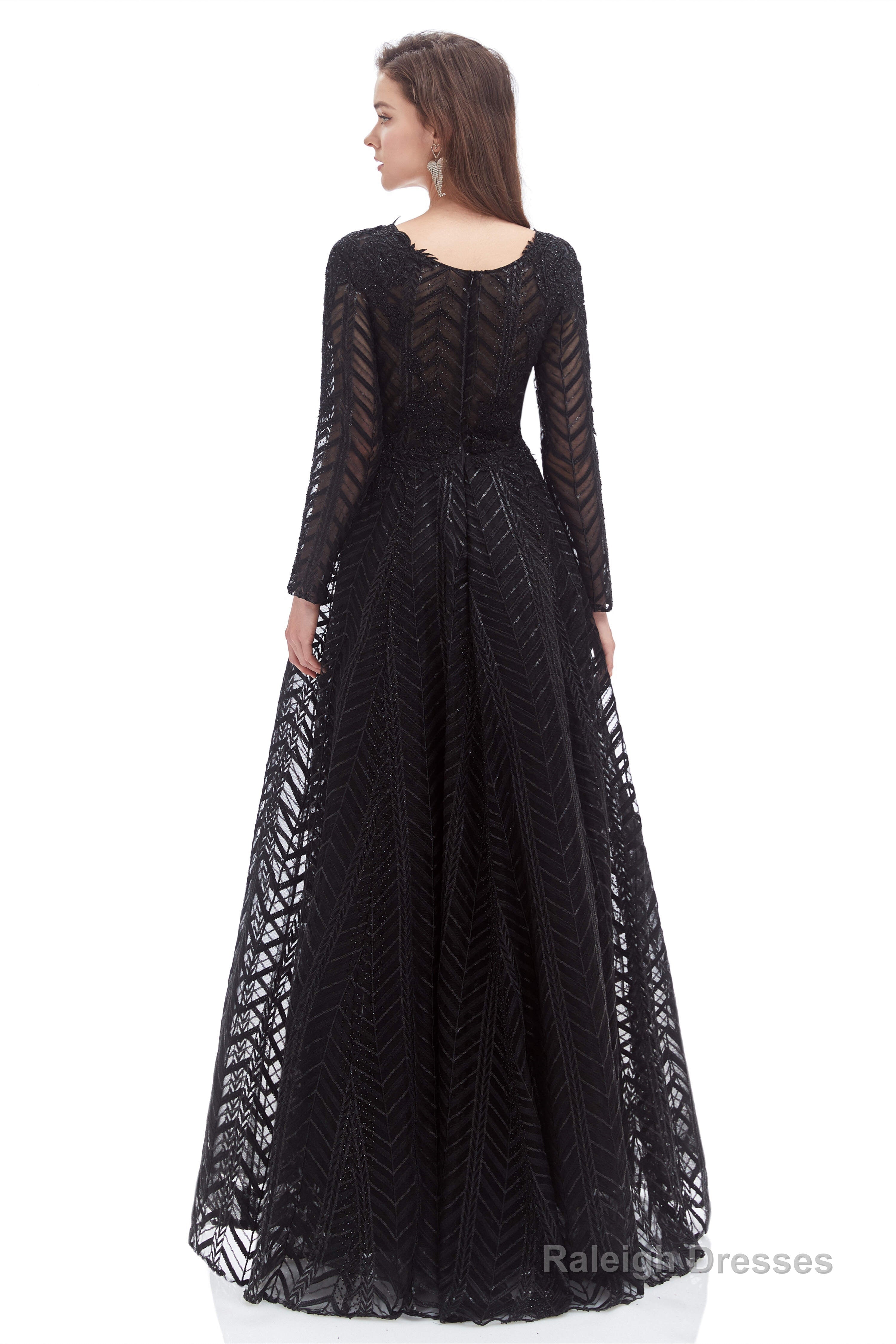 A-Line V Neck Long Sleeves Lace Long Prom Dresses