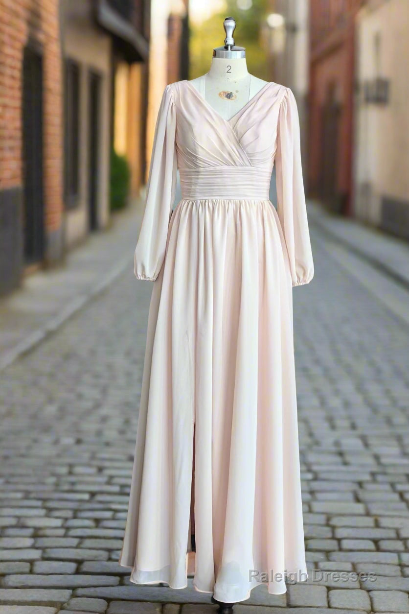 A-Line V-Neck Long Sleeves Long Chiffon Bridesmaid Dresses With Split Side Pockets Secondary image