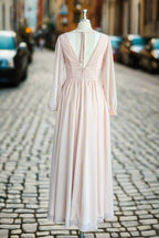 A Line V Neck Long Sleeves Long Chiffon Bridesmaid Dresses With Split Side Pockets