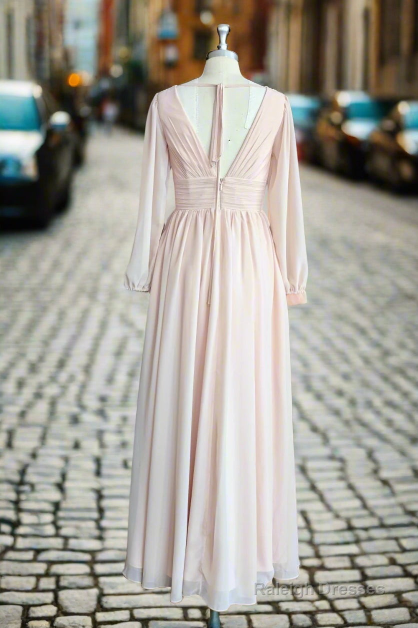 A Line V Neck Long Sleeves Long Chiffon Bridesmaid Dresses With Split Side Pockets