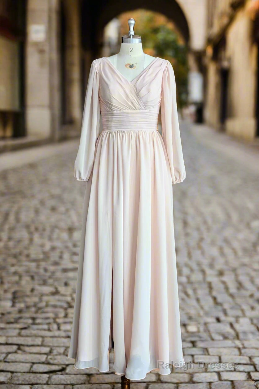 A-Line V-Neck Long Sleeves Long Chiffon Bridesmaid Dresses With Split Side Pockets Main image