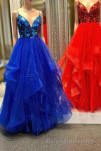 A-line V-Neck Mirror-Cut Sequins Ruffle Layers Long Prom Dress